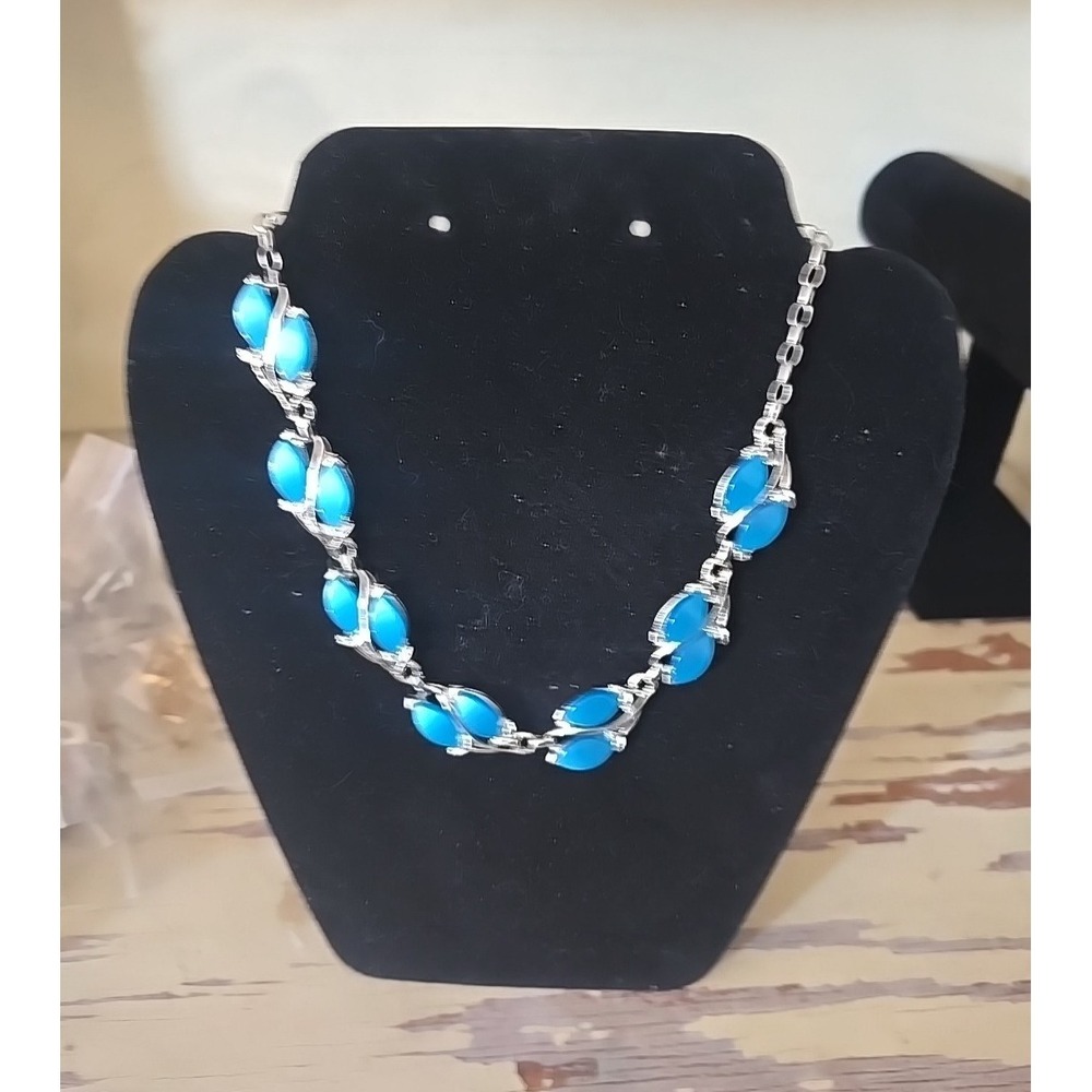 Vintage 1950s Silver Tone Blue Cabochon Leaf Statement Choker Necklace